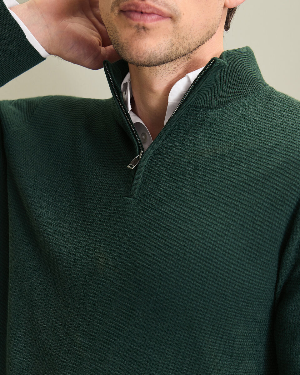 Pure Merino Textured Zip Neck Sweater - Forest Green