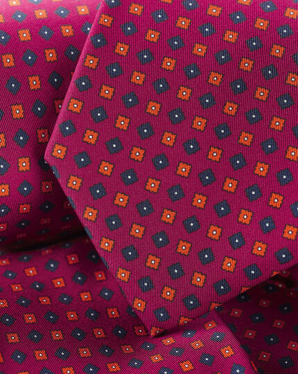 Silk Geometric Print Tie - Berry