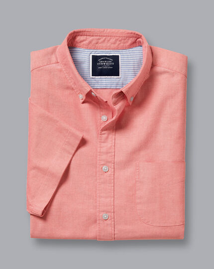 Vorgewaschenes Oxford-Kurzarmhemd mit Button-down-Kragen - Lachsrot
