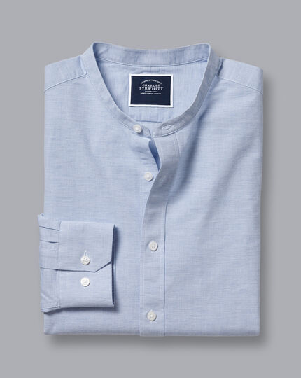 Collarless Cotton Linen Shirt - Ocean Blue