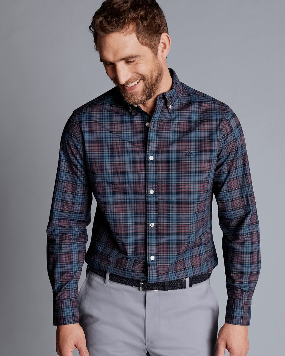 Button-Down Collar Washed Oxford Check Shirt - Blackberry | Charles ...