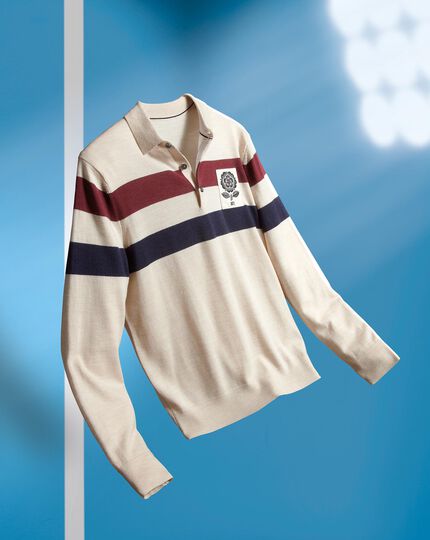 LIMITED EDITION England Rugby Merino Polo Stripe Jumper - Stone