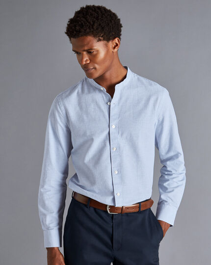 Collarless Cotton Linen Shirt - Ocean Blue