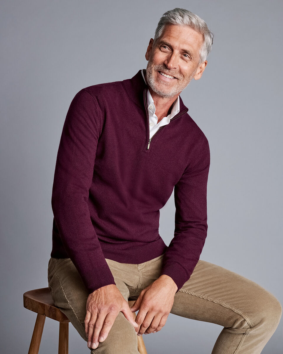 Cashmere Zip Neck Jumper Wine Red Charles Tyrwhitt