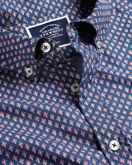 Button-Down Collar Non-Iron Stretch Poplin Leaf Print Shirt  - Royal Blue