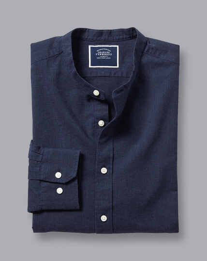 Collarless Cotton Linen Shirt - Navy