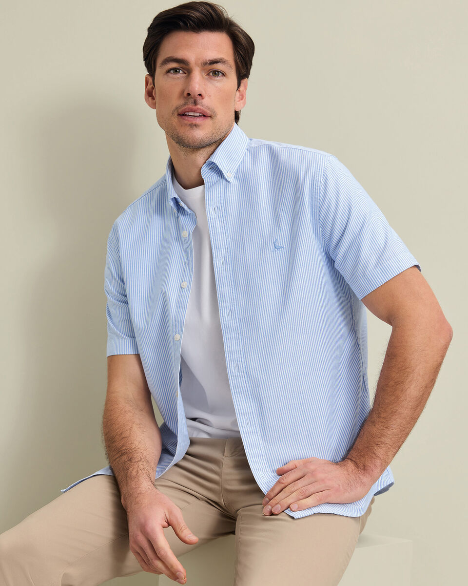 Short Sleeve Button-Down Stretch Washed Oxford Stripe Shirt &ndash; Ocean Blue