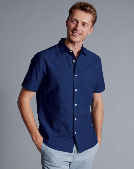Cotton Linen Short Sleeve Shirt - Royal Blue
