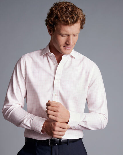 Spread Collar Non-Iron Henley Weave Check Shirt - Light Pink