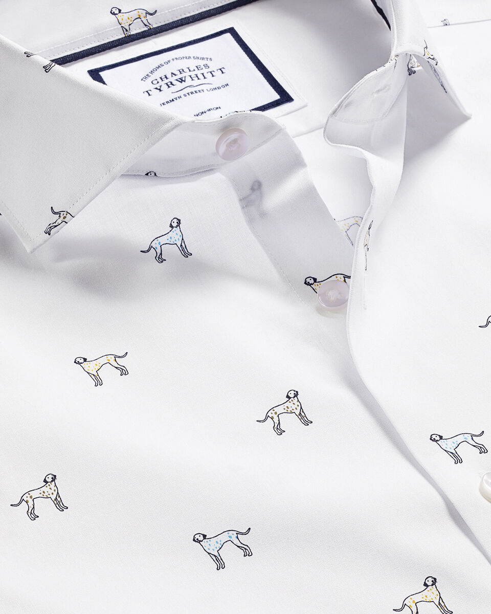 Men's Charles Tyrwhitt Semi-Cutaway Collar Non-Iron Dalmatian Print Shirt Single Cuff White Size XL Cotton