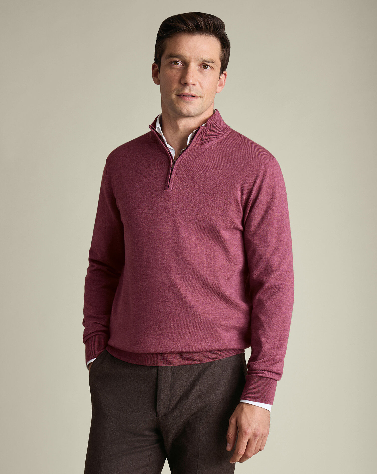 Pure Merino Quarter Zip Sweater - Dark Pink | Charles Tyrwhitt