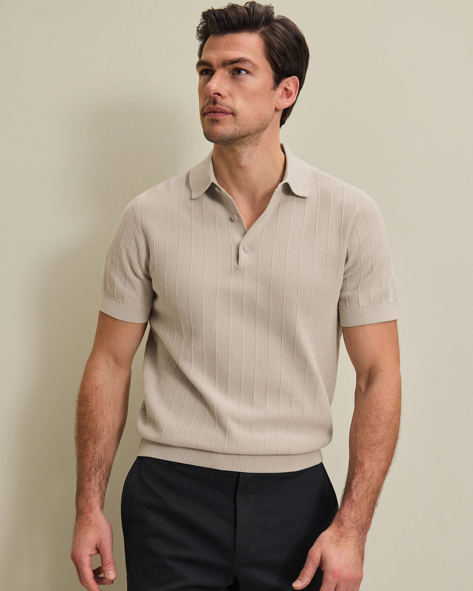 Cotton Stripe Textured Knitted Polo - Limestone