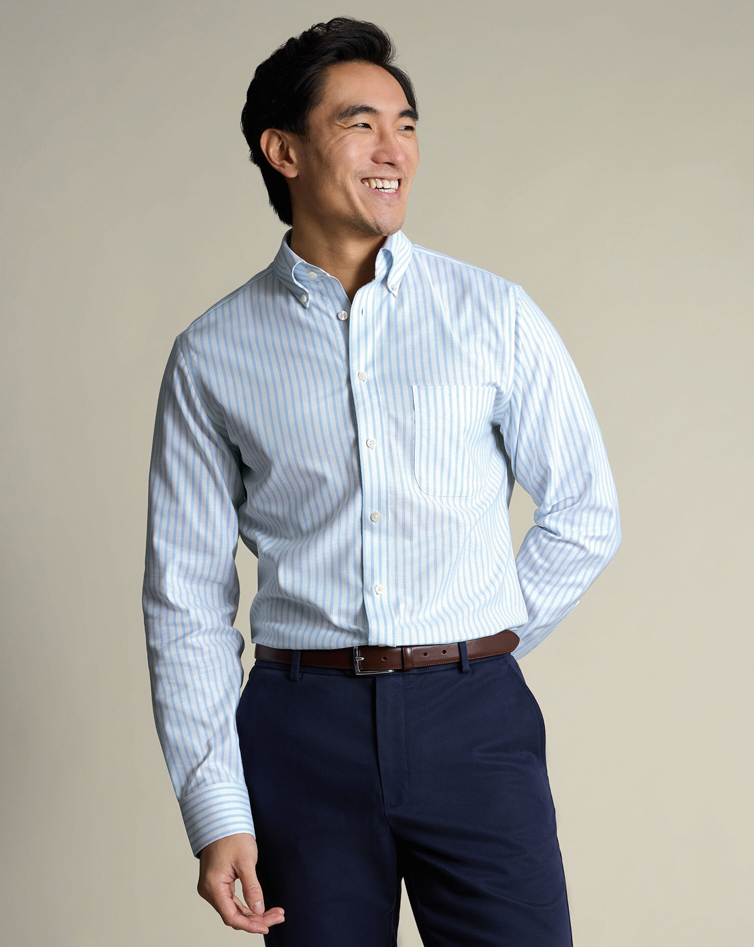 Non-Iron Stretch Oxford Stripe Shirt - Sky Blue | Charles Tyrwhitt US