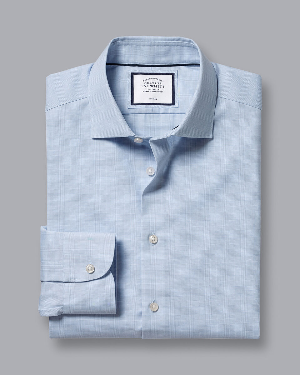 Semi-Cutaway Collar Non-Iron Cotton Linen Prince of Wales Check Shirt ...