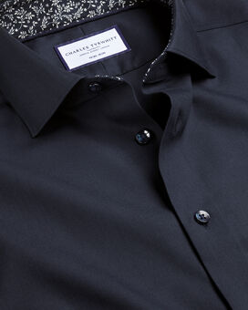 Semi-Spread Collar Twill Shirt with Printed Trim - Navy