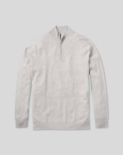 Merino Cashmere Zip Neck Sweater - Silver