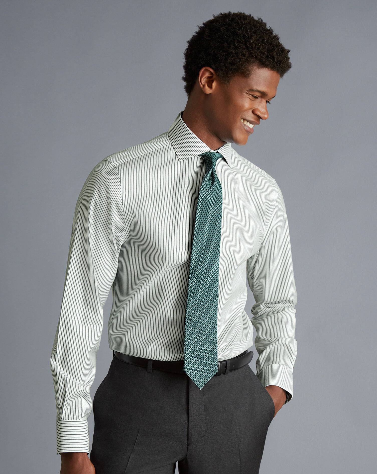Spread Collar Non-Iron Twill Stripe Shirt - Olive Green | Charles