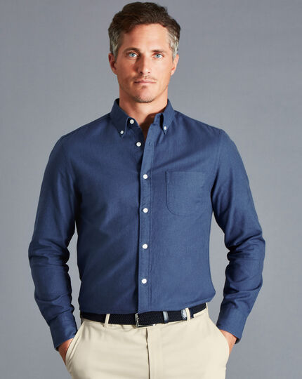 Button-Down Collar Washed Oxford Shirt with Pocket - Dark Blue Melange