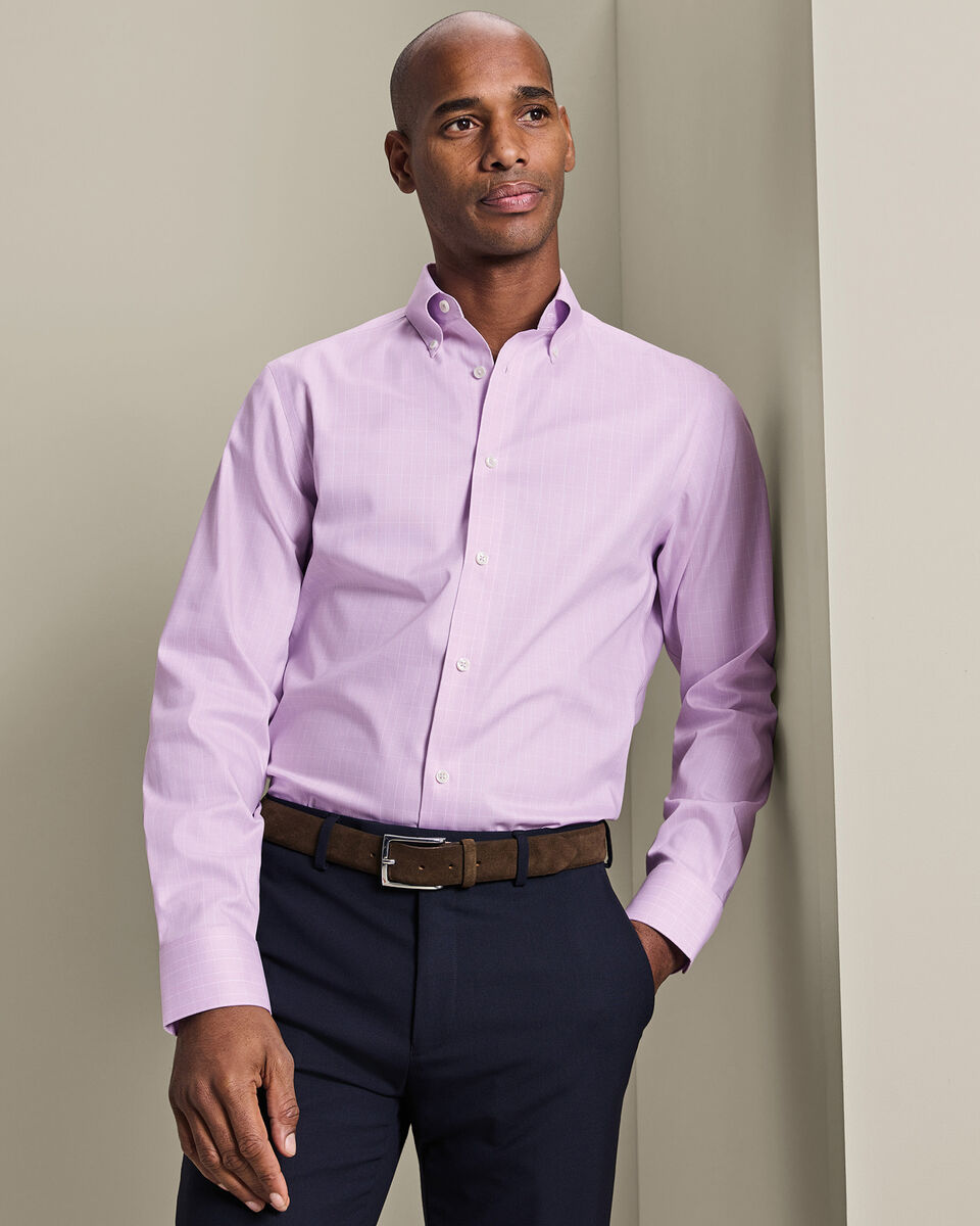 Non-Iron Stretch Pinpoint Oxford Prince of Wales Shirt - Lilac