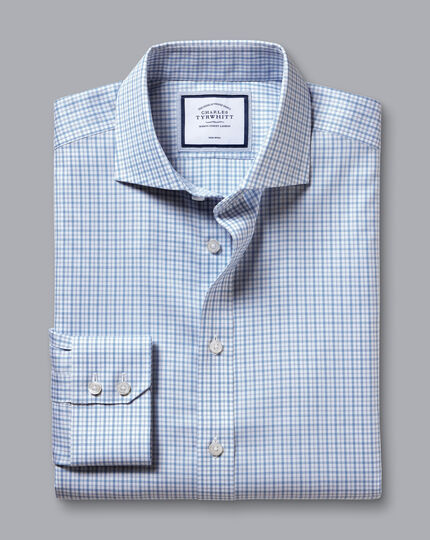 Spread Collar Non-Iron Twill Windowpane Check Shirt - Ocean Blue