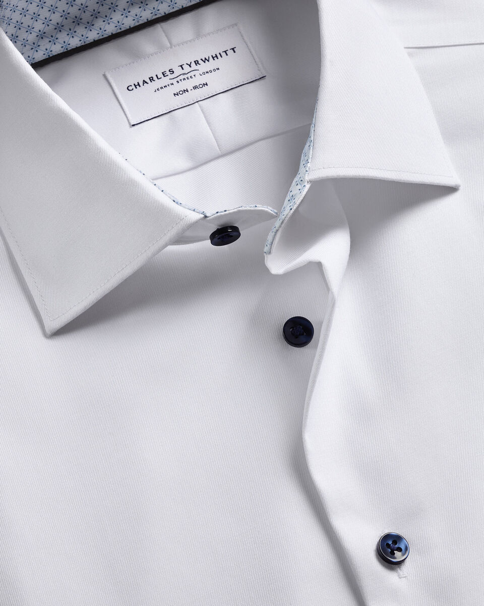 Non-Iron Stretch Printed Trim Shirt - White & Light Blue
