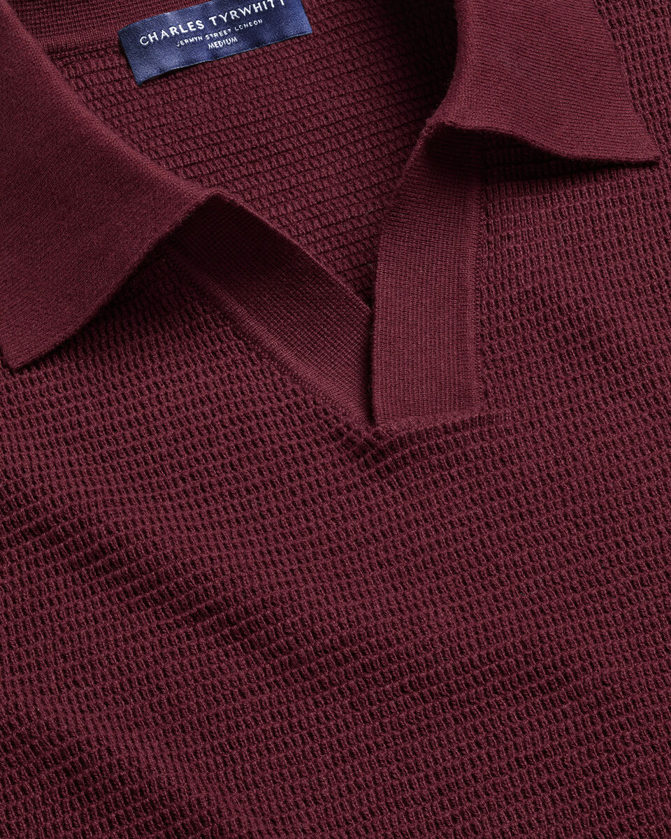 Cotton Texture Trophy Neck Knitted Polo - Burgundy