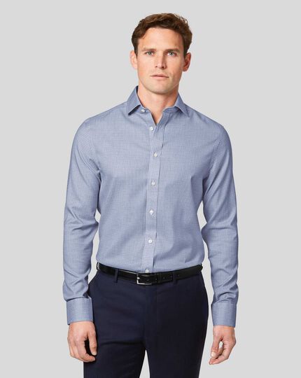 Cutaway Collar Non-Iron Cotton Stretch Check Shirt - Blue