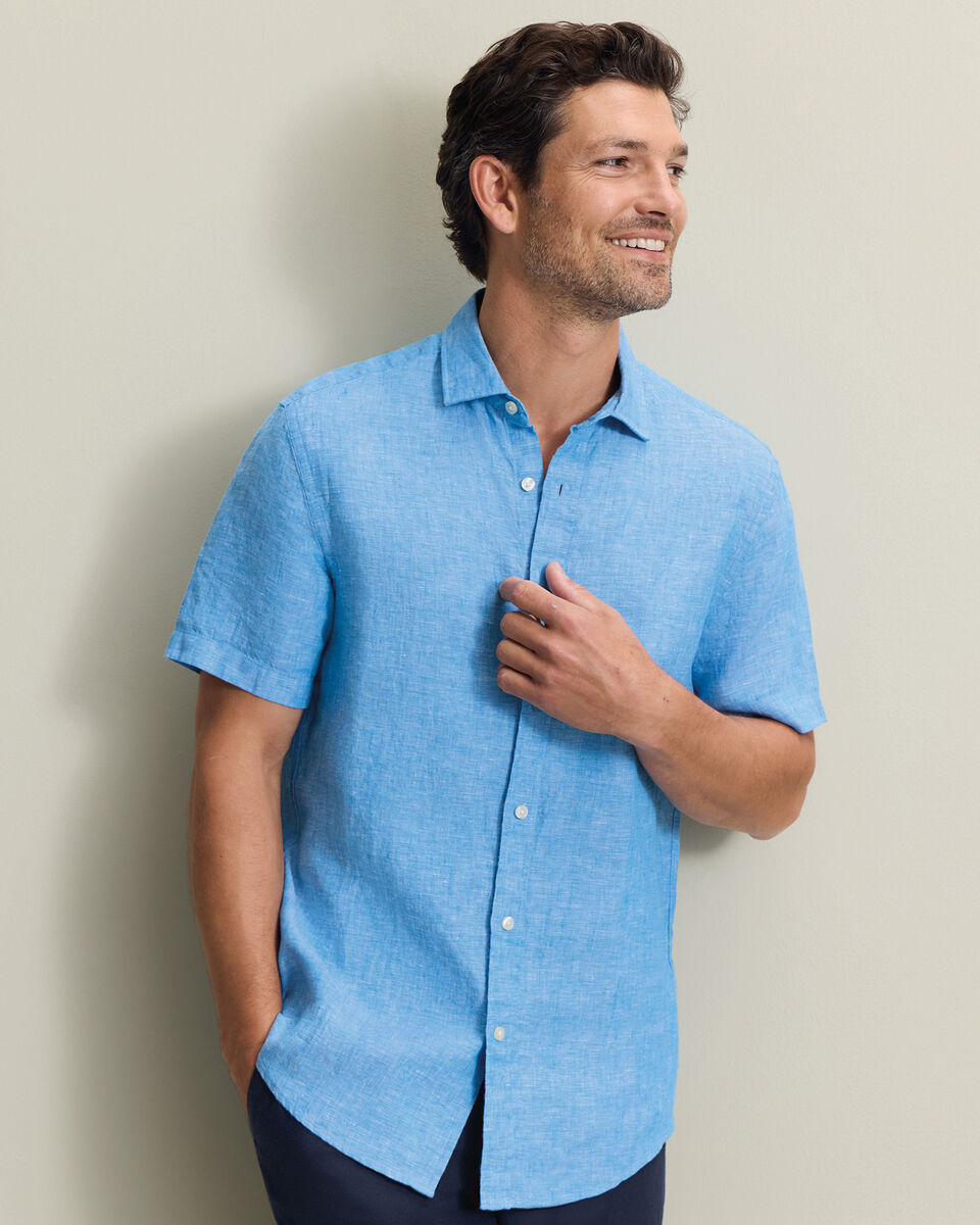 Chemise en lin &agrave; manches courtes &ndash; Bleu Oc&eacute;an