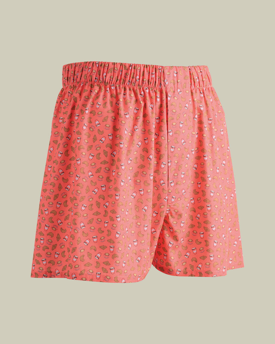 Woven Tea & Croissant Print Boxers - Coral Pink