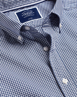 Bügelfreies kurzärmeliges Stretch-Hemd mit Button-down-Kragen und Mini-Gingham-Karos - Franzõsisches Blau