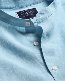 Collarless Pure Linen Shirt - Light Blue