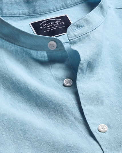 Collarless Pure Linen Shirt - Light Blue