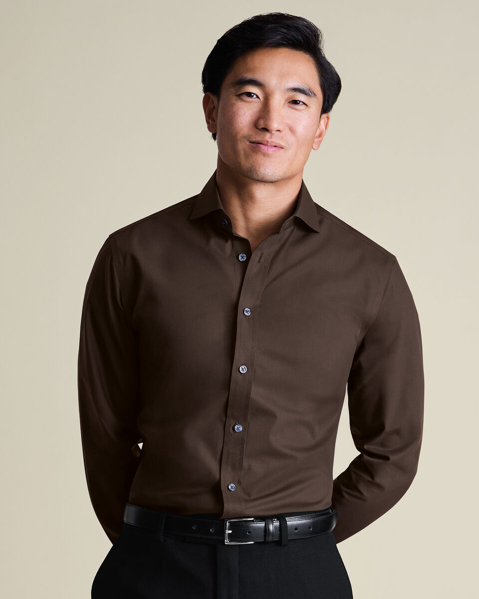 Chemise en popeline extensible sans repassage - Chocolat