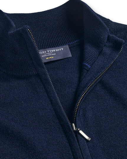Men's Charles Tyrwhitt Pure Merino Full Zip-Through Cardigan - Navy Blue Size Large Wool