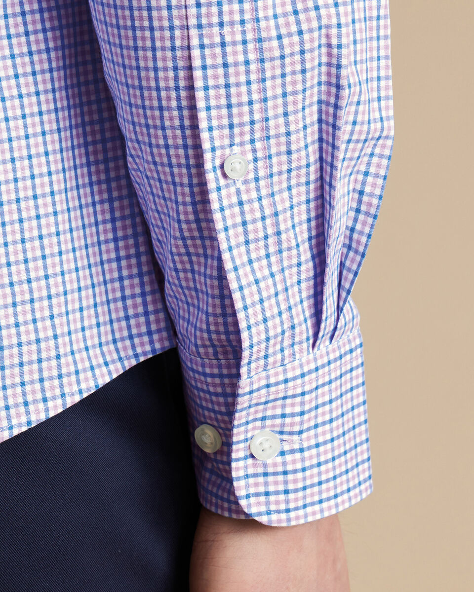 Chemise en popeline extensible à mini carreaux vichy à col boutonné sans repassage - Lilas foncé et bleu