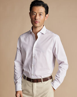 Semi-Spread Collar Non-Iron Stretch Diamond Print Shirt - White & Lilac Purple