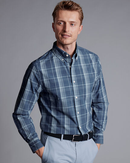 Bügelfreies Stretch-Hemd aus Popeline-Slub mit Button-down-Kragen und Karos - Stahlblau