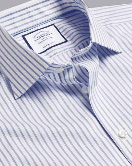 Semi-Spread Collar Egyptian Cotton Twill Stripe Shirt - Cobalt Blue