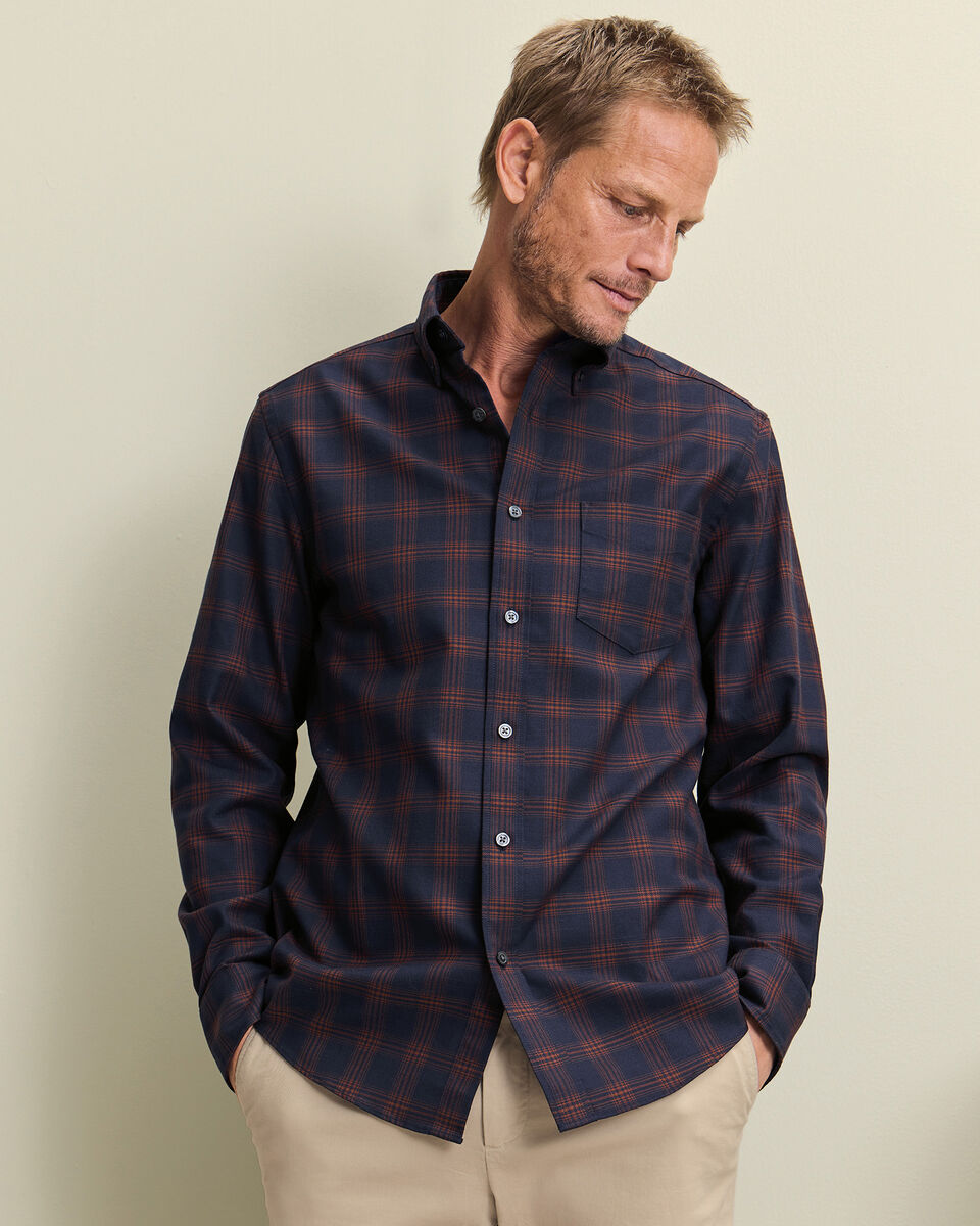 Chemise &agrave; carreaux en serg&eacute; sans repassage - Bleu marine et ambre