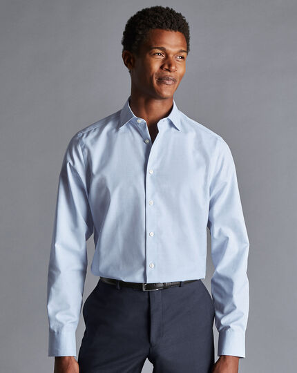 Semi-Cutaway Collar Non-Iron Cotton Linen Prince of Wales Check Shirt - Sky Blue