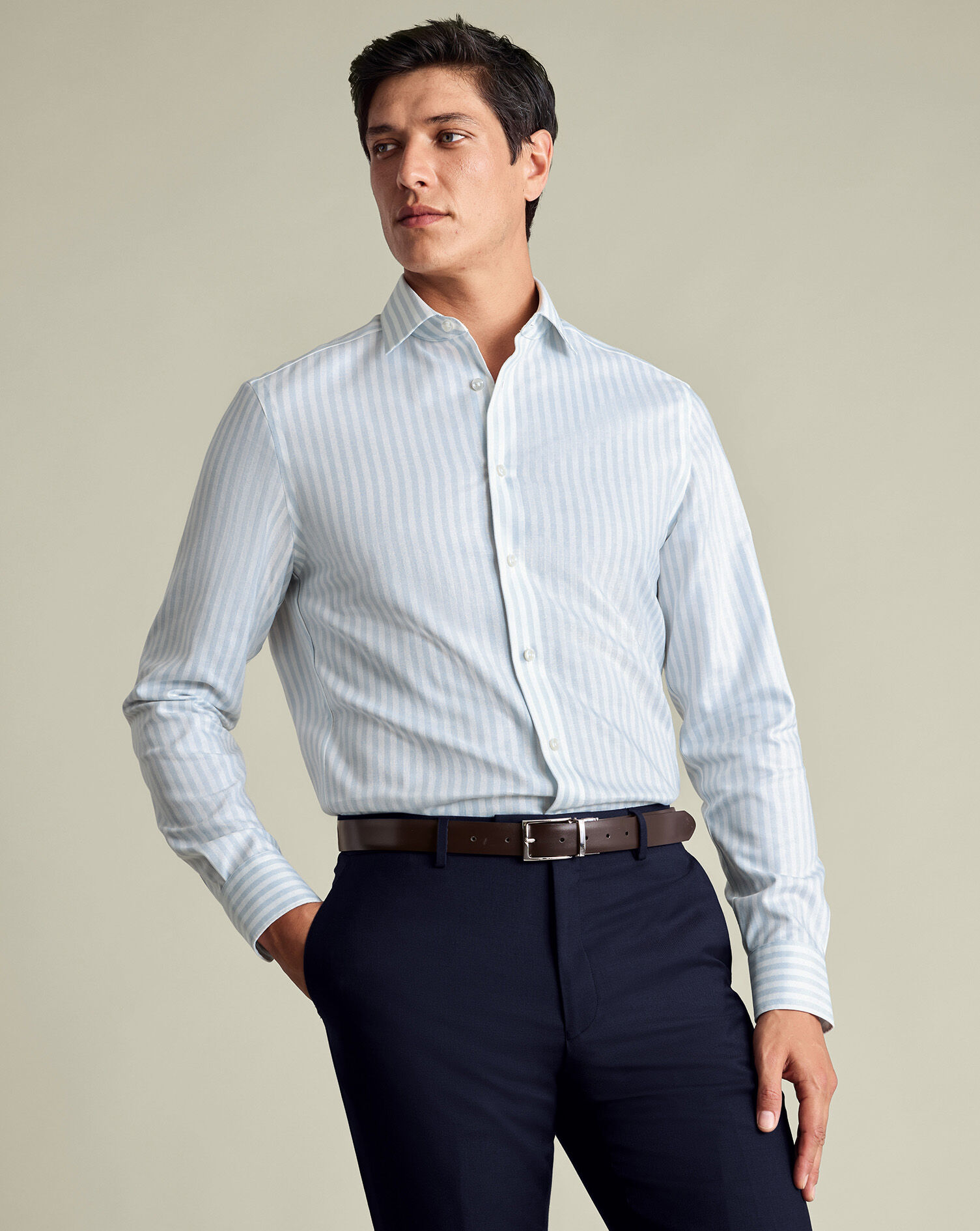 Non-Iron Cotton Linen Stripe Shirt - Ice Blue | Charles Tyrwhitt US