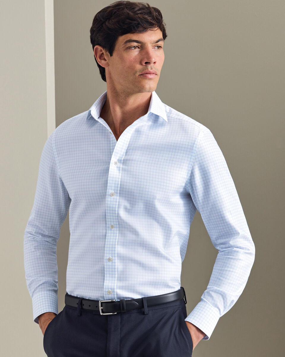 Chemise &agrave; carreaux &agrave; tissage Trafalgar extensible sans repassage - Bleu oc&eacute;an