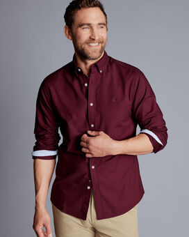 Button-Down Collar Washed Oxford Plain Shirt - Dark Red