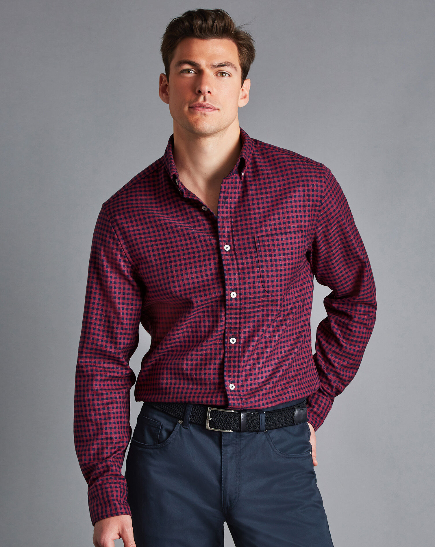 Button-Down Collar Non-Iron Twill Gingham Shirt - Cherry Pink