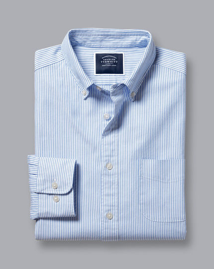 Button-Down Collar Washed Oxford Stripe Shirt with Pocket - Ocean Blue