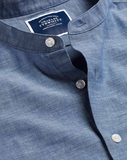 Collarless Chambray Shirt - Indigo Blue