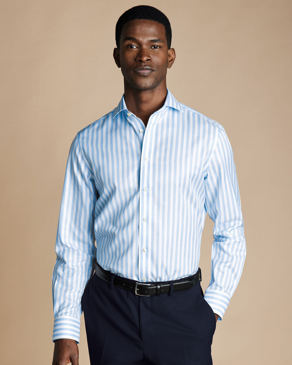Spread Collar Non-Iron Twill Wide Stripe Shirt - Sky Blue | Charles ...