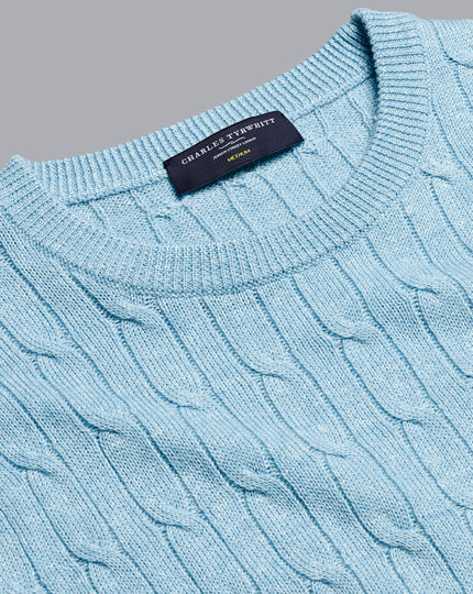 Merino Linen Cable Knit Crew Neck Sweater - Sky