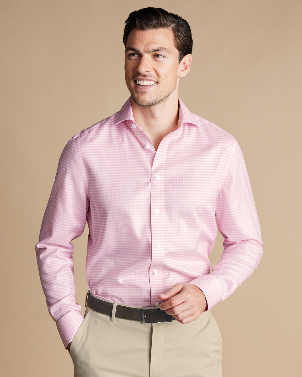 Cutaway Collar Non-Iron Twill Gingham Shirt Pink Charles Tyrwhitt