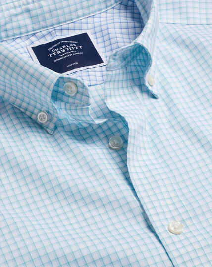 Bügelfreies Oxfordhemd aus Stretch-Baumwolle mit Button-down-Kragen und Schattenkaros - Aquamarin